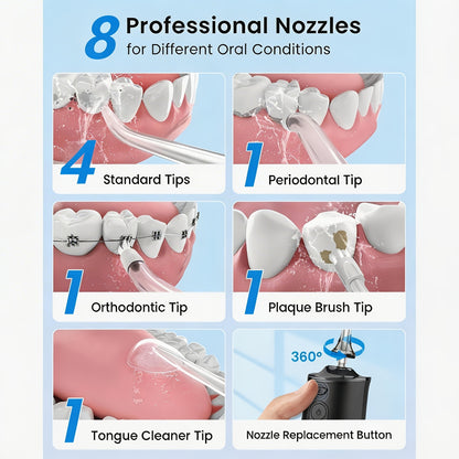 Irrigateur Buccal Portable Rechargeable, Hydropulseur Dentaire, Irrigateur Dentaire Professionnel sans Fil 8 Buses 5 Modes, IPX7 Étanche 300ML pour le Nettoyage des Dents, Maison & Voyage