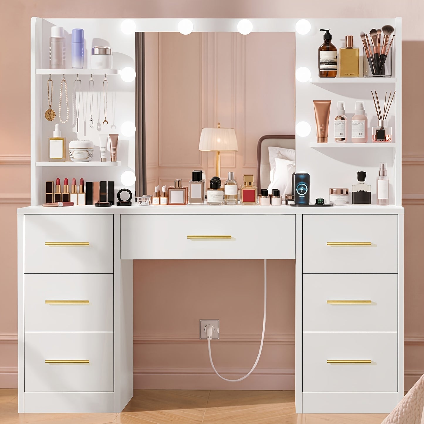 Grande coiffeuse avec miroir lumineux LED et prise électrique, table de Cosmétique avec 7 tiroirs, 4 étagères et 5 crochets, table de toilette, ensemble de coiffeuse pour chambre à coucher, salle de bain