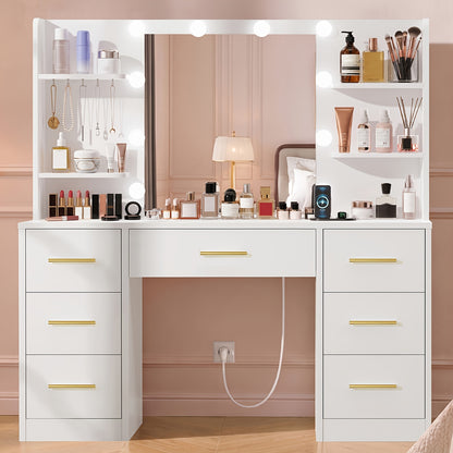 Grande coiffeuse avec miroir lumineux LED et prise électrique, table de Cosmétique avec 7 tiroirs, 4 étagères et 5 crochets, table de toilette, ensemble de coiffeuse pour chambre à coucher, salle de bain