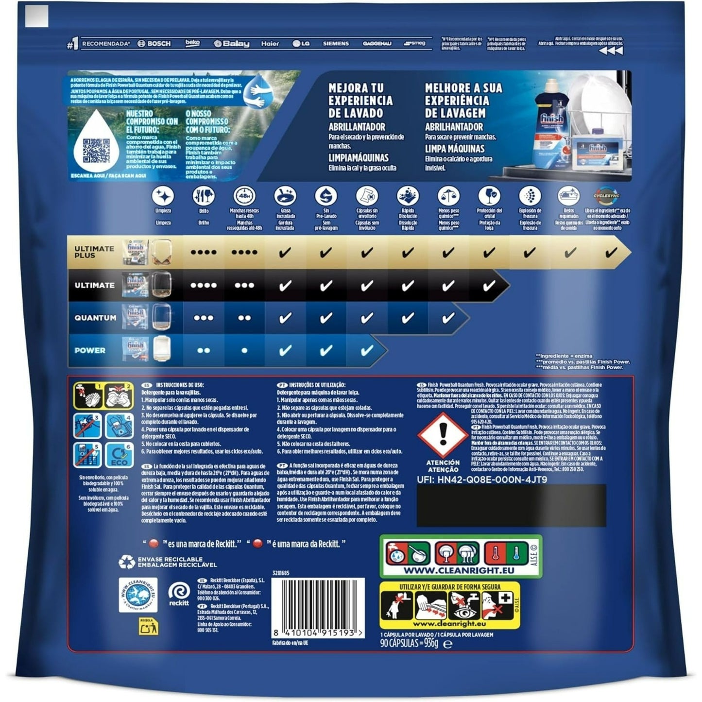 Finish Quantum Powerball 90 Capsules (936G) - Détartrant pour lave-vaisselle avec brillance et nettoyage en profondeur