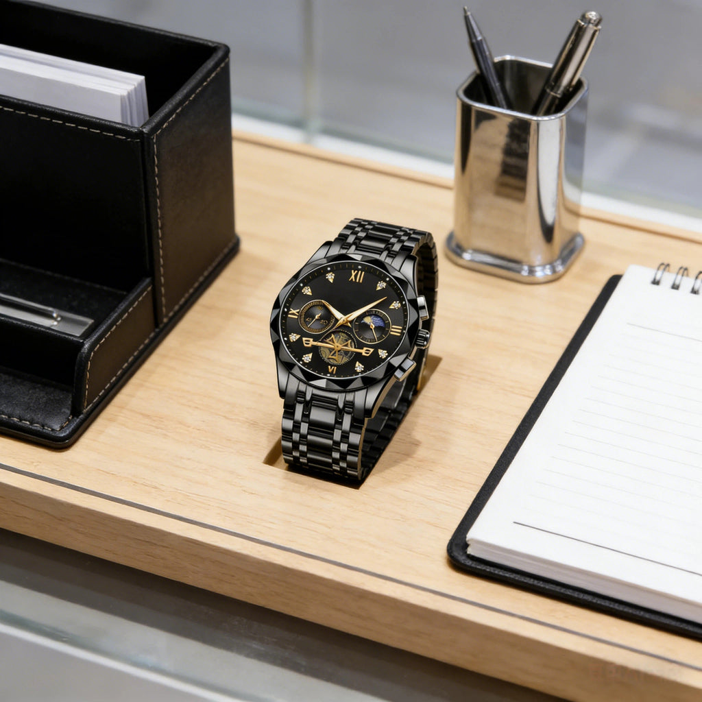 Montre luxueuse en acier inoxydable à écailles, montre entièrement en acier inoxydable massif, premier choix pour les cadeaux d'affaires (Le produit n'inclut pas de boîte en bois)