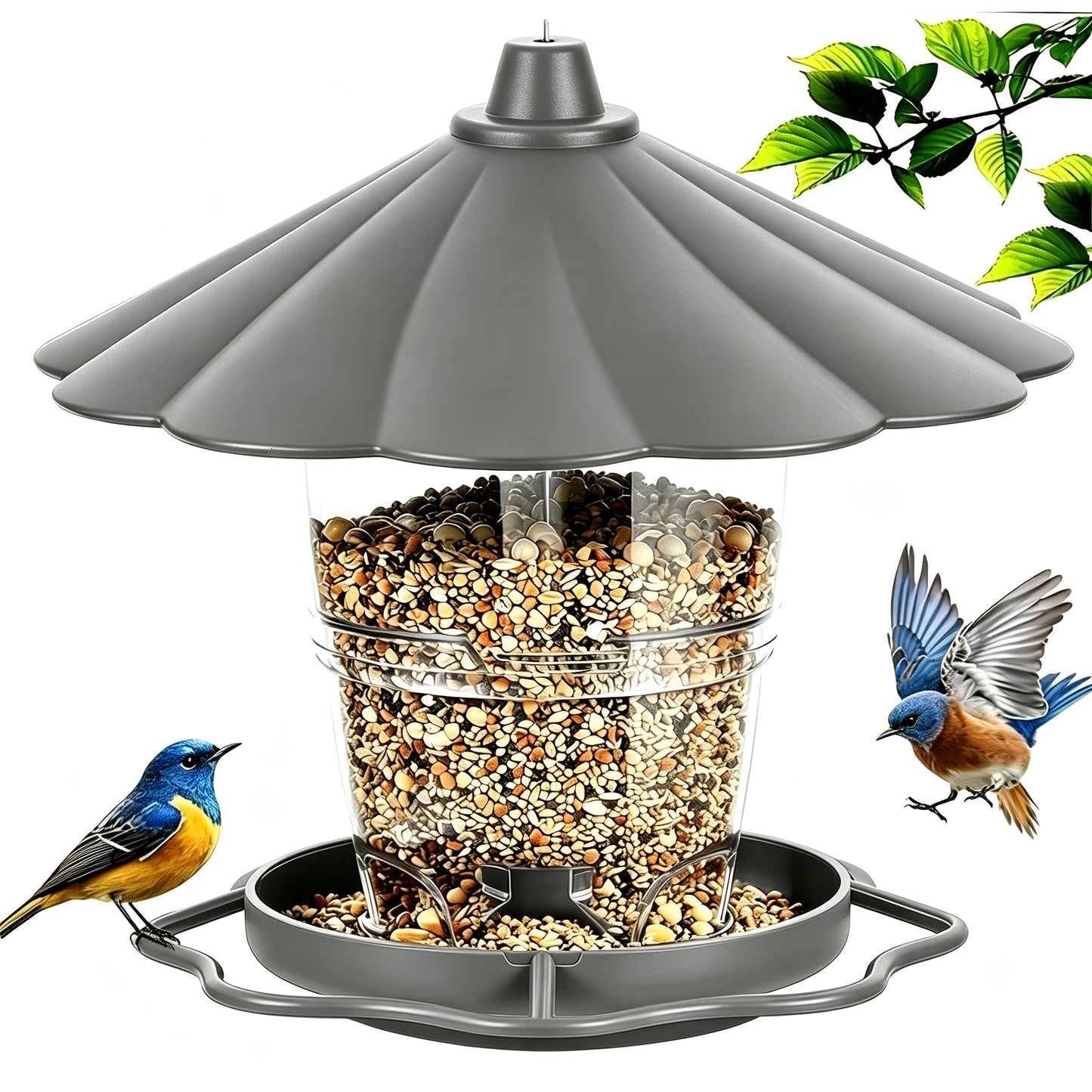 Mangeoire à oiseaux d'extérieur suspendue avec fil métallique robuste et auvent, mangeoire à oiseaux réglable en plastique, capacité de 820 ml, avec trous de drainage intégrés, conception coupe-vent, hauteur réglable, avec fil métallique robuste et auvent