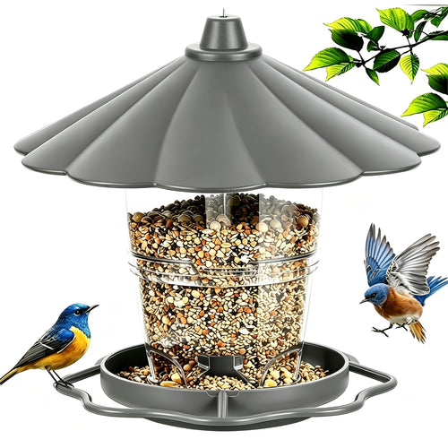 Mangeoire à oiseaux d'extérieur suspendue avec fil métallique robuste et auvent, mangeoire à oiseaux réglable en plastique, capacité de 820 ml, avec trous de drainage intégrés, conception coupe-vent, hauteur réglable, avec fil métallique robuste et auvent