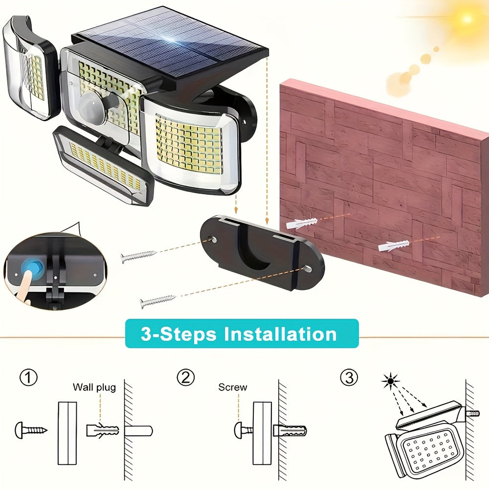 Lot de 2/4 pièces lampes solaires extérieures à détection de mouvement avec télécommande, 288 LED, lampe murale solaire avec 4 modes d'éclairage, projecteur de sécurité à angle large 270°, sans câblage requis, pour garage, jardin, allée, terrasse
