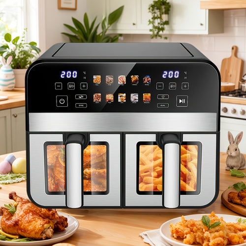 Friteuse à Air 10,5L 10-en-1 DualZone avec 2 Paniers Indépendants, Fenêtres Visibles, Cuisson Synchronisée pour Déshydrater, Dégeler, Rôtir, Cuire, Réchauffer et Plus, Repas Rapides et Faciles, Antiadhésive et Lavable au Lave-Vaisselle