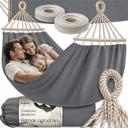Fauteuil Suspendu - Hamac de Jardin 2 Personnes 260X150 Cm XXL avec Barre en Bois Hamac Touristique avec Housse pour Balcon, Terrasse, Jardin, Matériau Robuste Polyester Hamac Stable et Durable pour Relaxation, Camping, Voyage, Balançoire de Jardin, Grand