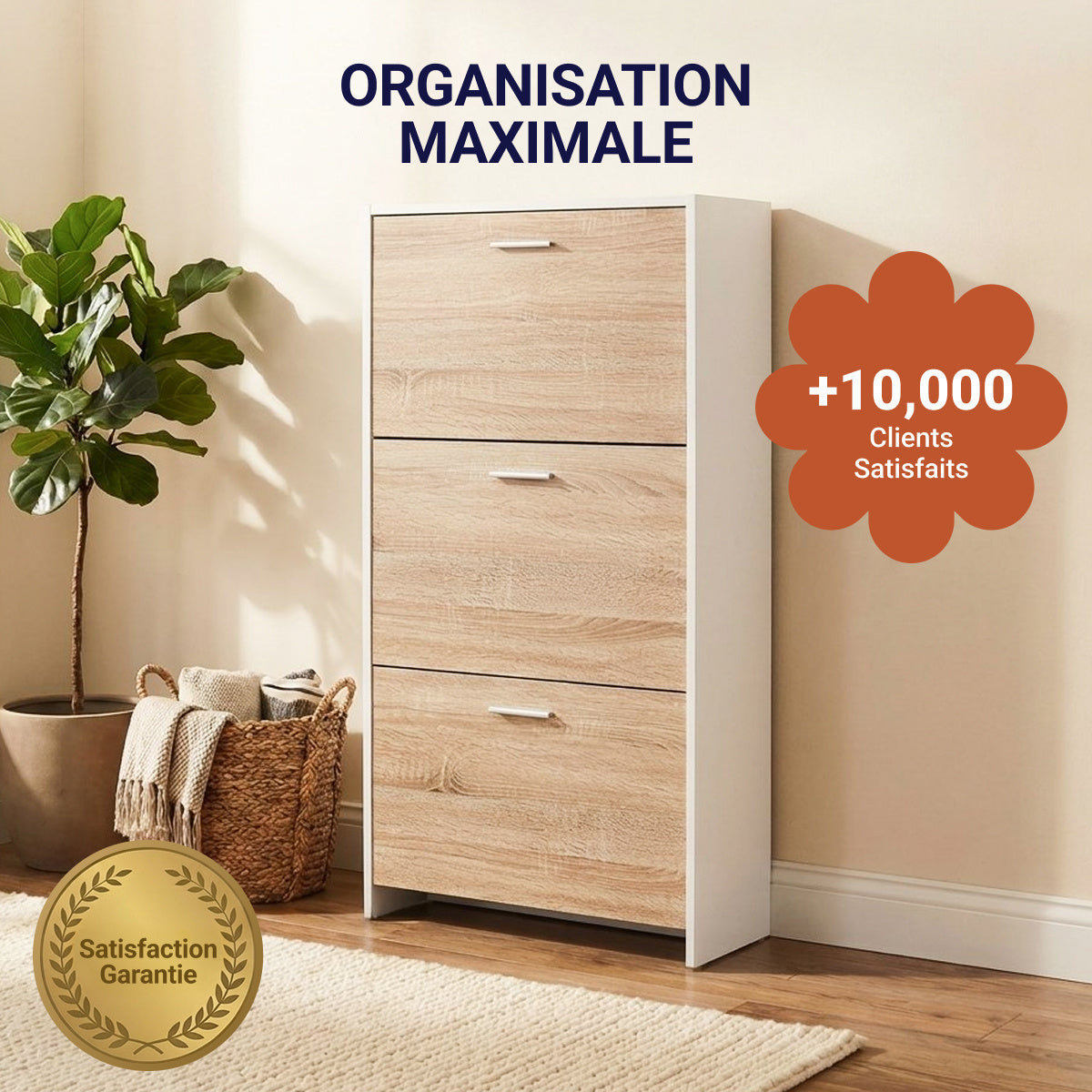 Meuble à chaussures avec 3 compartiments à abattant, armoire de rangement en bois pour jusqu'à 18 paires, organisateur d'entrée peu encombrant