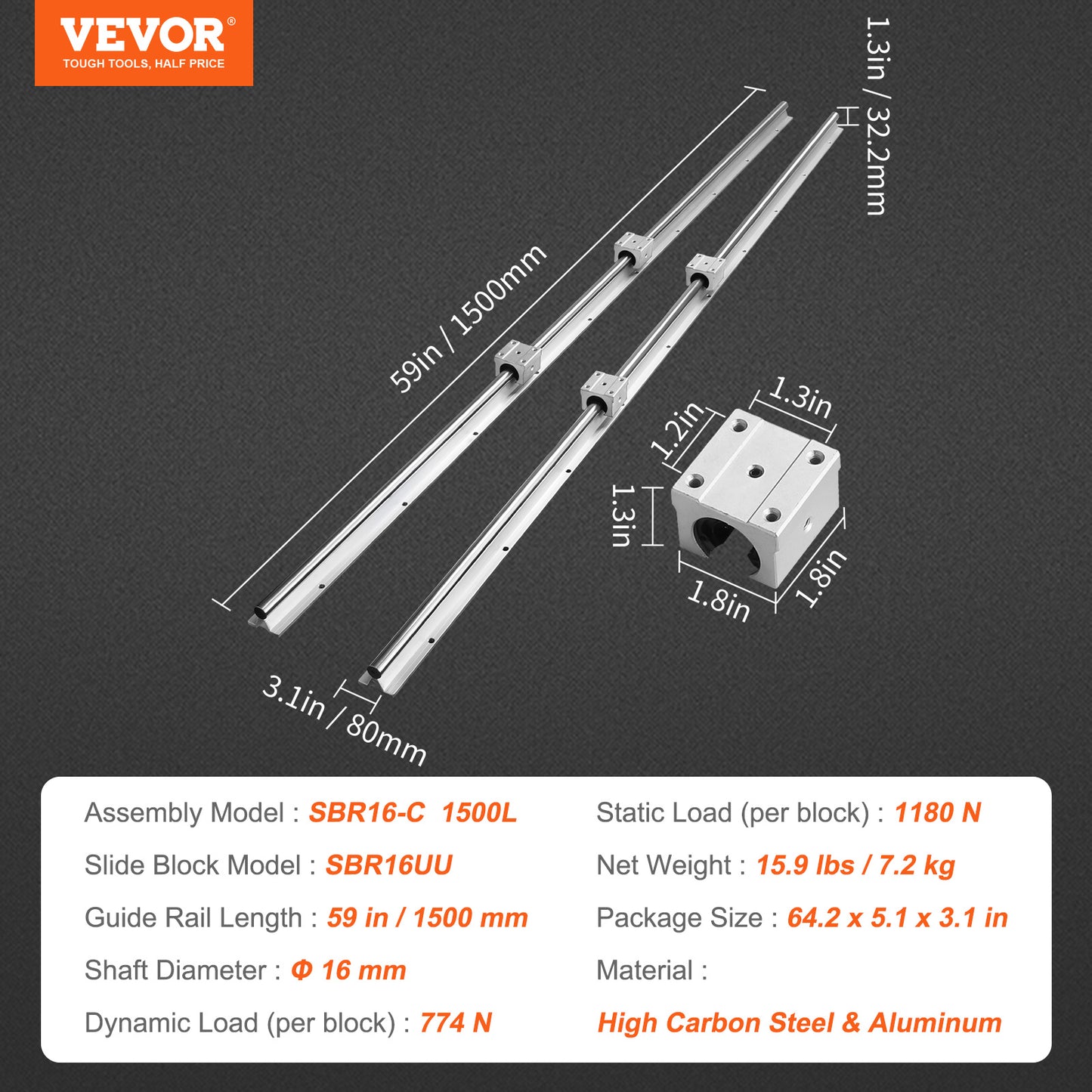 Ensemble de rails de guide linéaire VEVOR, SBR16 1500mm, 2pièces 59 in/1500 mm Rails de guide SBR16 et 4pièces Blocs de glissement SBR16UU, Kit de rails linéaires et de roulements pour machines automatiques DIY Projet de routeurs CNC