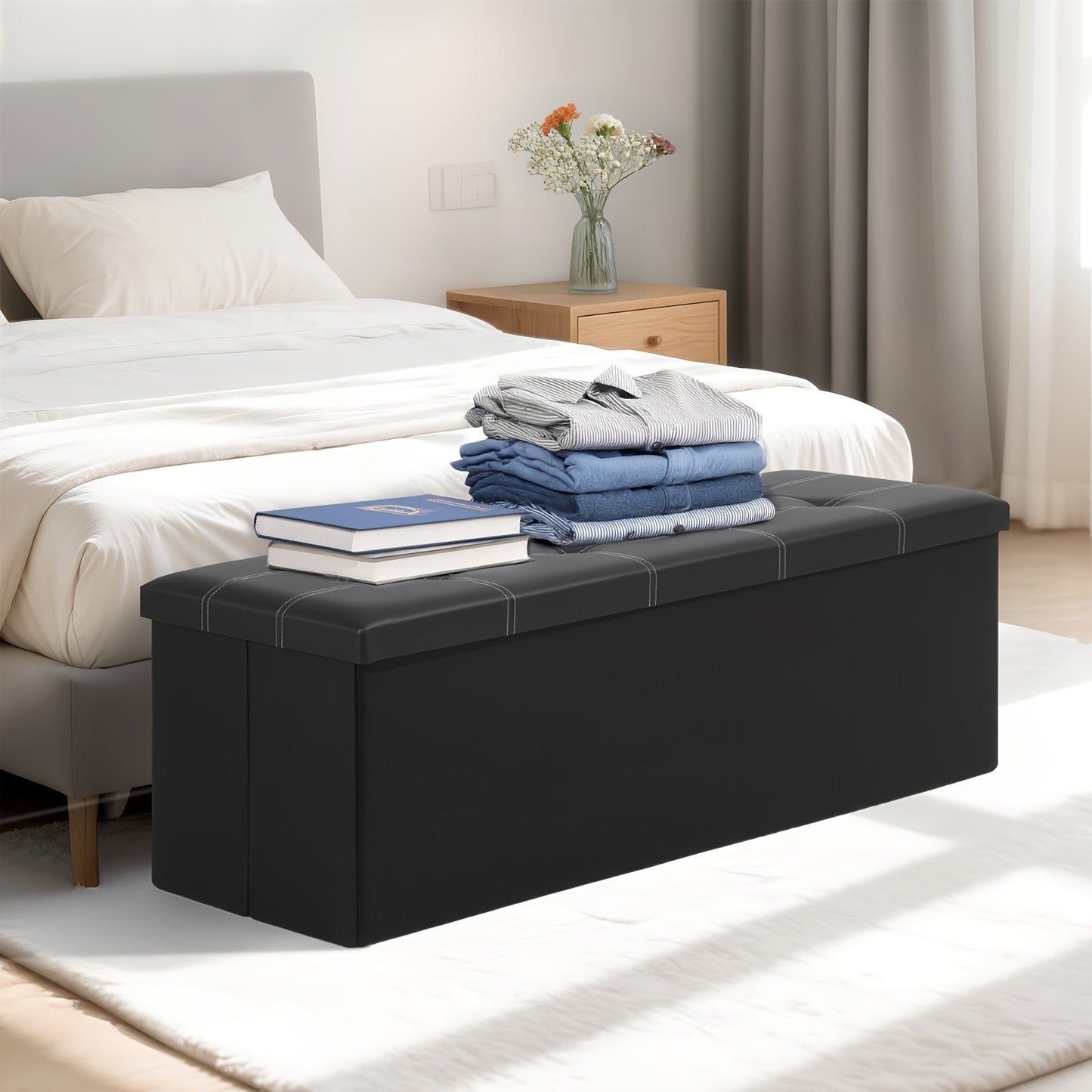 Tabouret de Rangement Pliable en Cuir à Double Couture, Matériau en Cuir Facile à Ranger, Grande Capacité de Charge Idéale pour S'asseoir, Tabouret de Changement de Chaussures pour Canapé, Banc de Rangement, Banc Long, Boîte Tabouret