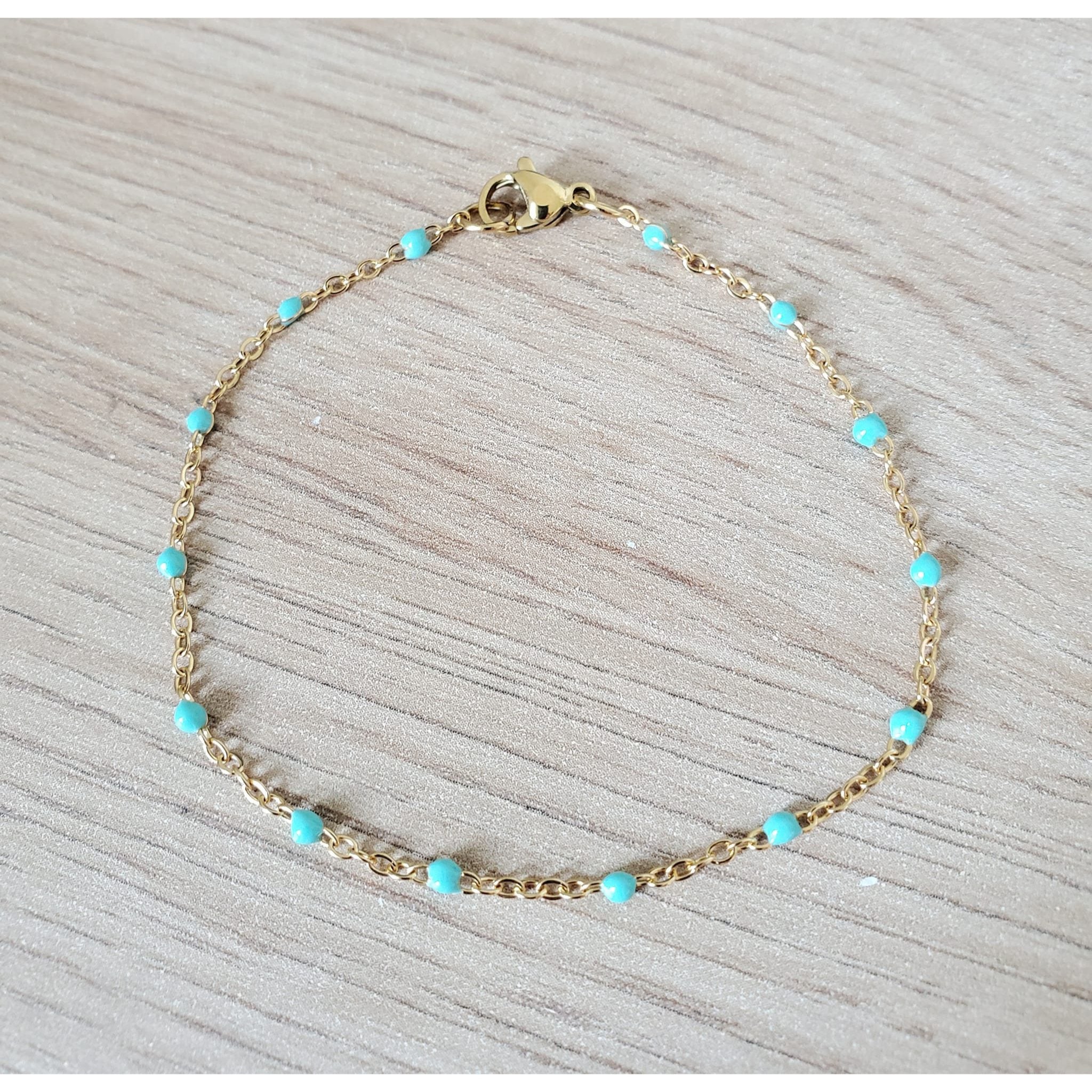 Bracelet perles d'email chaine acier inoxydable couleur or artisanal fait main
