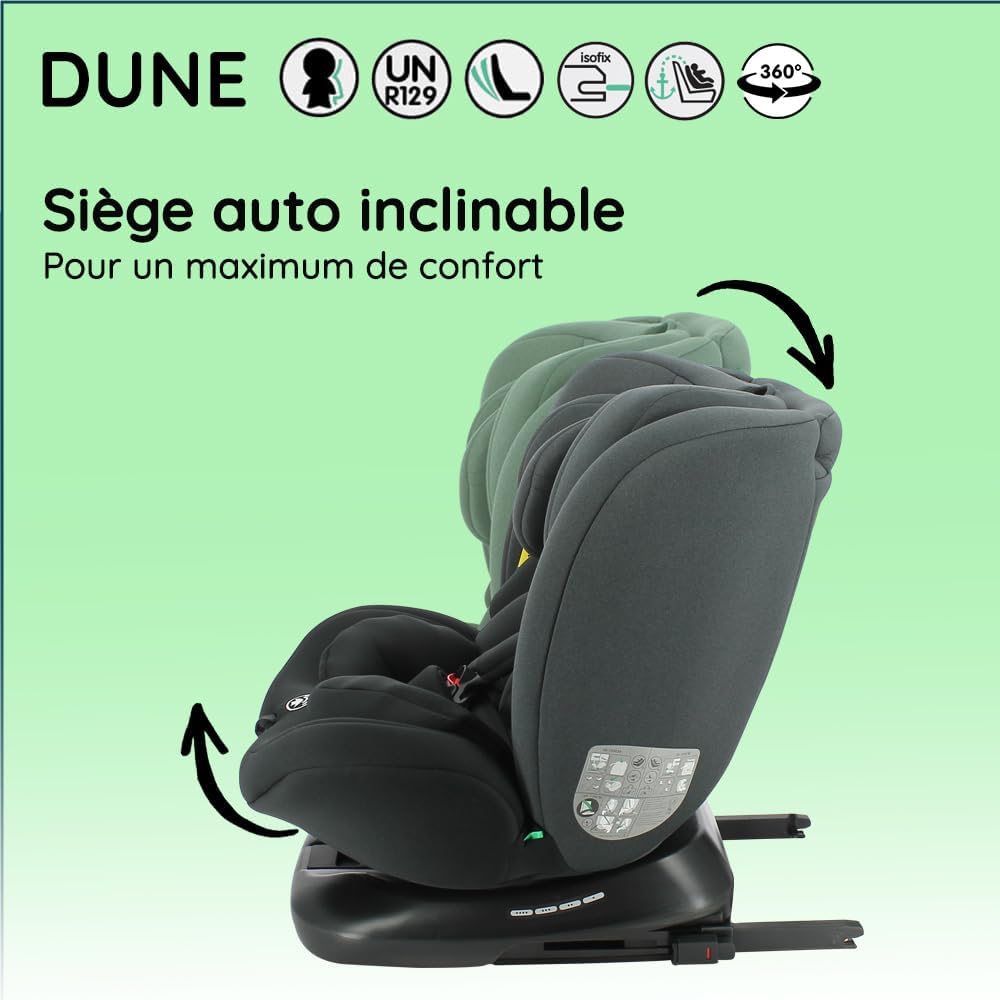 Dune, Siège auto, i-Size, Pivotant 360, évolutif, naissance et jusqu'à 12 ans environ, Groupe 0/1/2/3, 40-150 cm, Siège Auto ISOFIX, Rotation 360, Inclinable, Appui-tête réglable