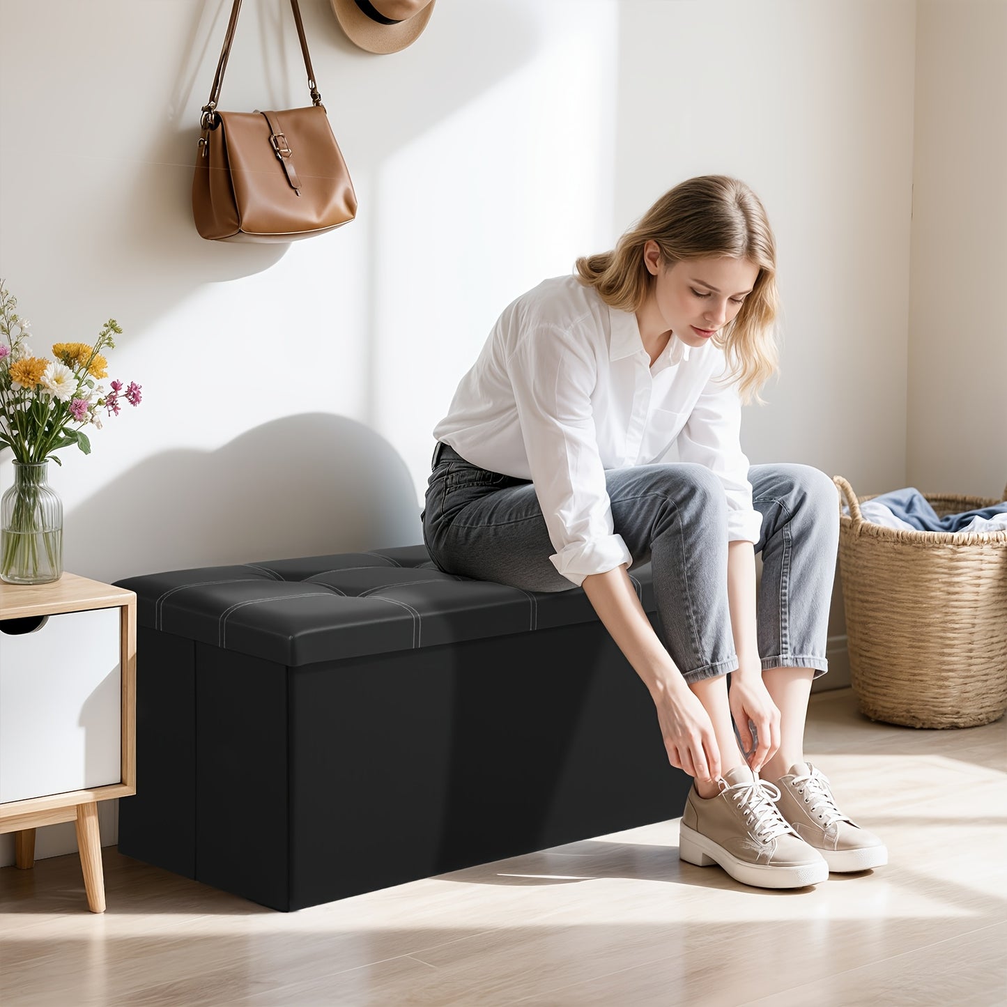Tabouret de Rangement Pliable en Cuir à Double Couture, Matériau en Cuir Facile à Ranger, Grande Capacité de Charge Idéale pour S'asseoir, Tabouret de Changement de Chaussures pour Canapé, Banc de Rangement, Banc Long, Boîte Tabouret