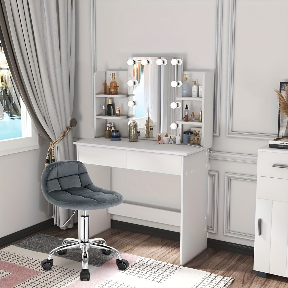 Tabouret de bureau 1x avec roulettes, chaise de coiffeuse à hauteur réglable, tabouret à bascule à roulettes avec dossier bas, tabouret de travail, hauteur d'assise 43,5-55 cm, velours