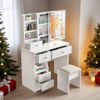 Bureau de Toilette, Bureau de Cosmétique avec Miroir et Lumières, Ensemble de Table de Cosmétique avec 5 Tiroirs, Tabouret et Étagères Ouvertes, 3 Réglages de Lumière à Luminosité Réglable, Blanc