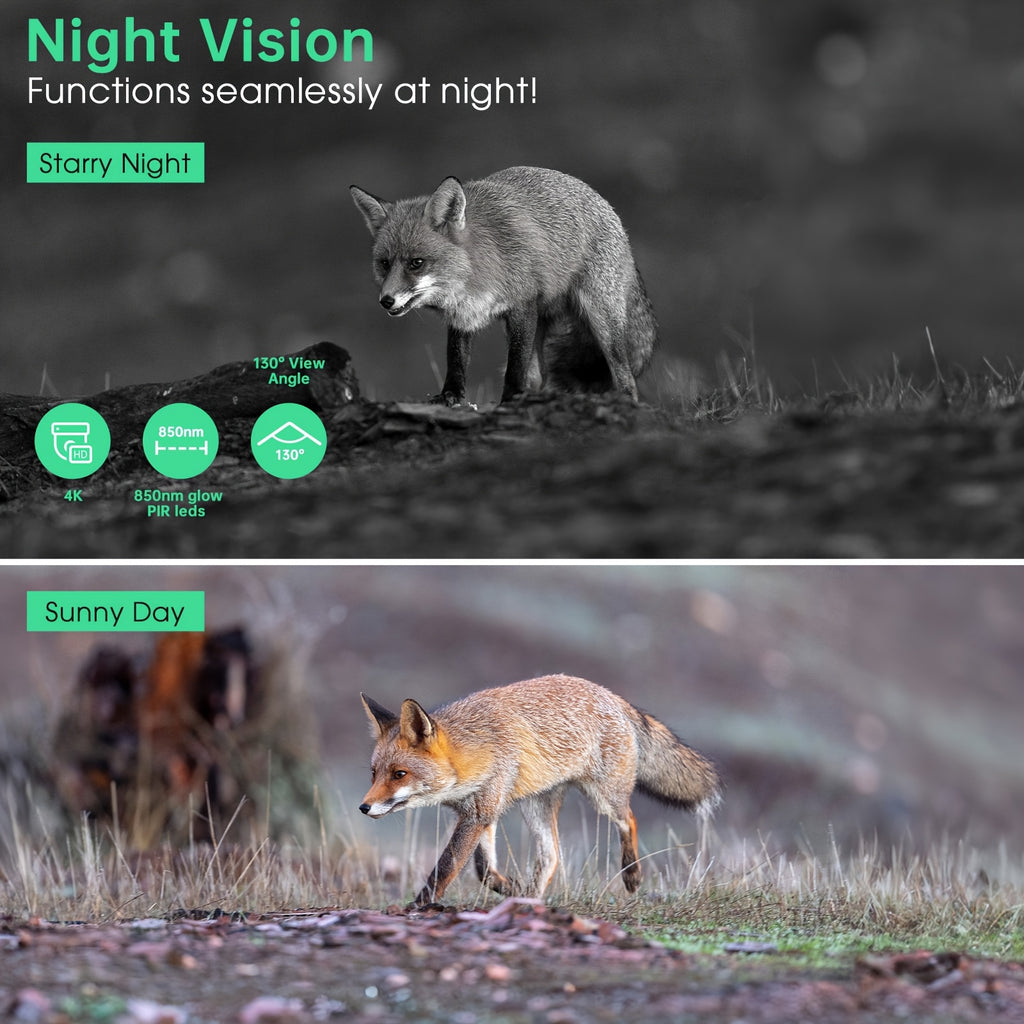 Caméra de Chasse 4K 64MP avec Vision Nocturne, Détection de Mouvement en 0,2s & 130°, Caméra de Jeu WiFi avec Écran, Panneau Solaire & Batterie de Secours pour Chasse, Surveillance de la Faune, Montage sur Arbre (Alertes Intelligentes via Application Mobi
