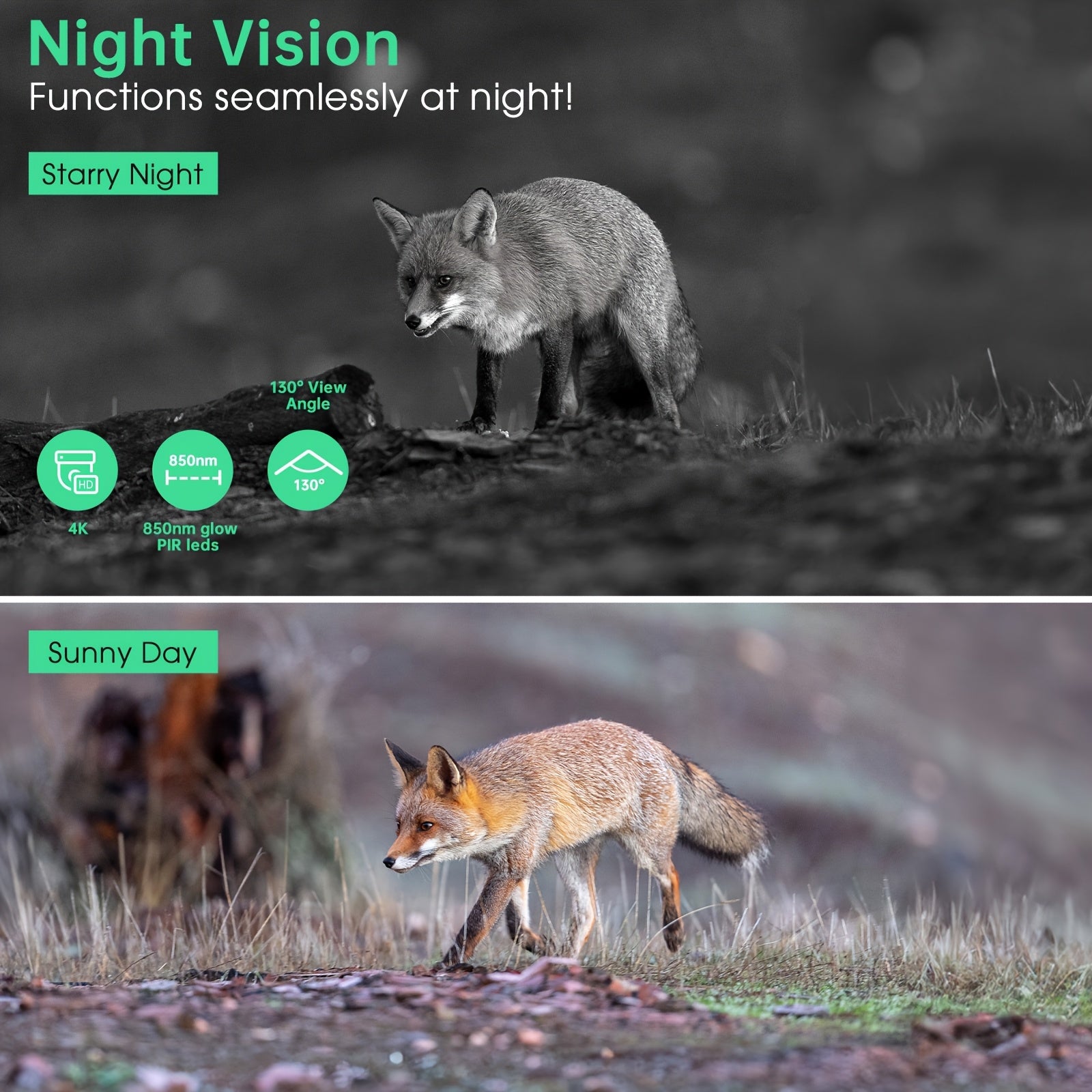 Caméra de Chasse 4K 64MP avec Vision Nocturne, Détection de Mouvement en 0,2s & 130°, Caméra de Jeu WiFi avec Écran, Panneau Solaire & Batterie de Secours pour Chasse, Surveillance de la Faune, Montage sur Arbre (Alertes Intelligentes via Application Mobi