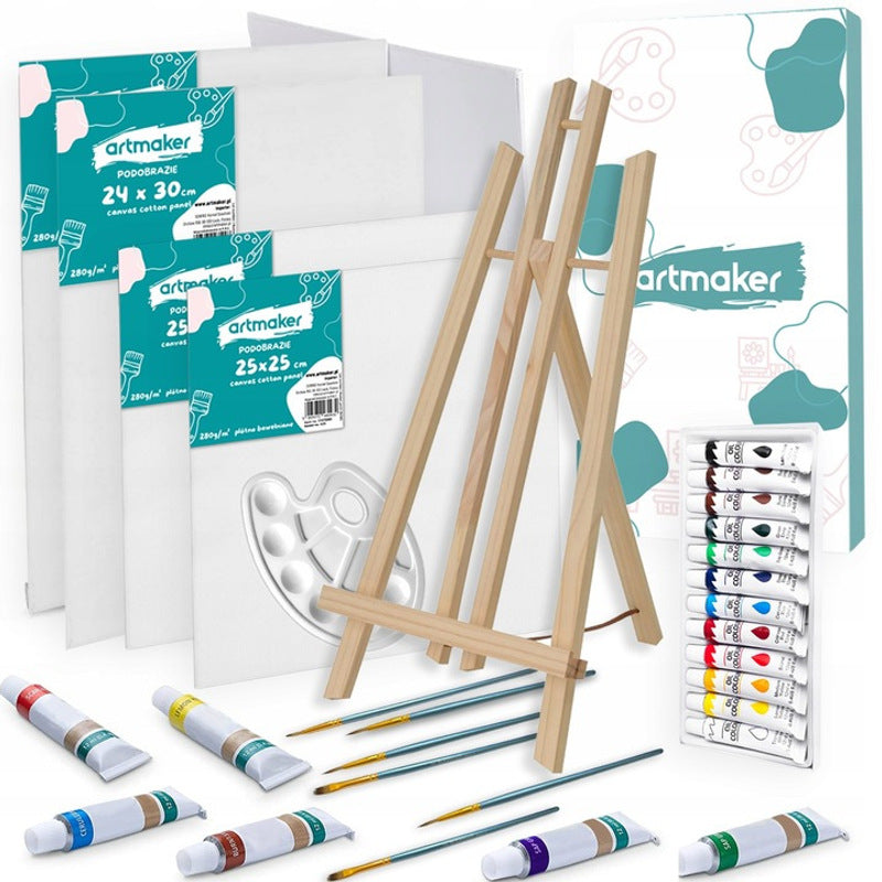 Grand ensemble de peinture artistique pour peindre avec un chevalet de table en bois de 50 cm et 4 toiles de 24X30 et 25X25 cm. L'ensemble comprend également 12 couleurs de peintures acryliques de 12 ml chacune, 6 pinceaux et une palette de peinture. C'es