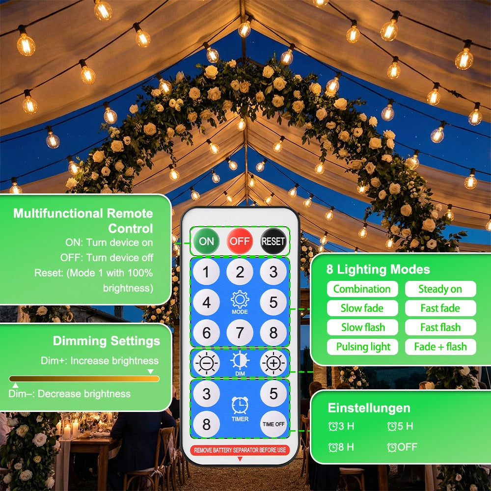 Guirlande Lumineuse Solaire d'Extérieur, 15,25M/20,13M/30,49M, Lumières LED pour Terrasse, Minuterie à Intensité Variable, 8 Modes d'Éclairage Réglables, Lumière Blanc Chaud Réglable, pour Jardin, Cour, Tonnelle, Porche, Fête, Mariage