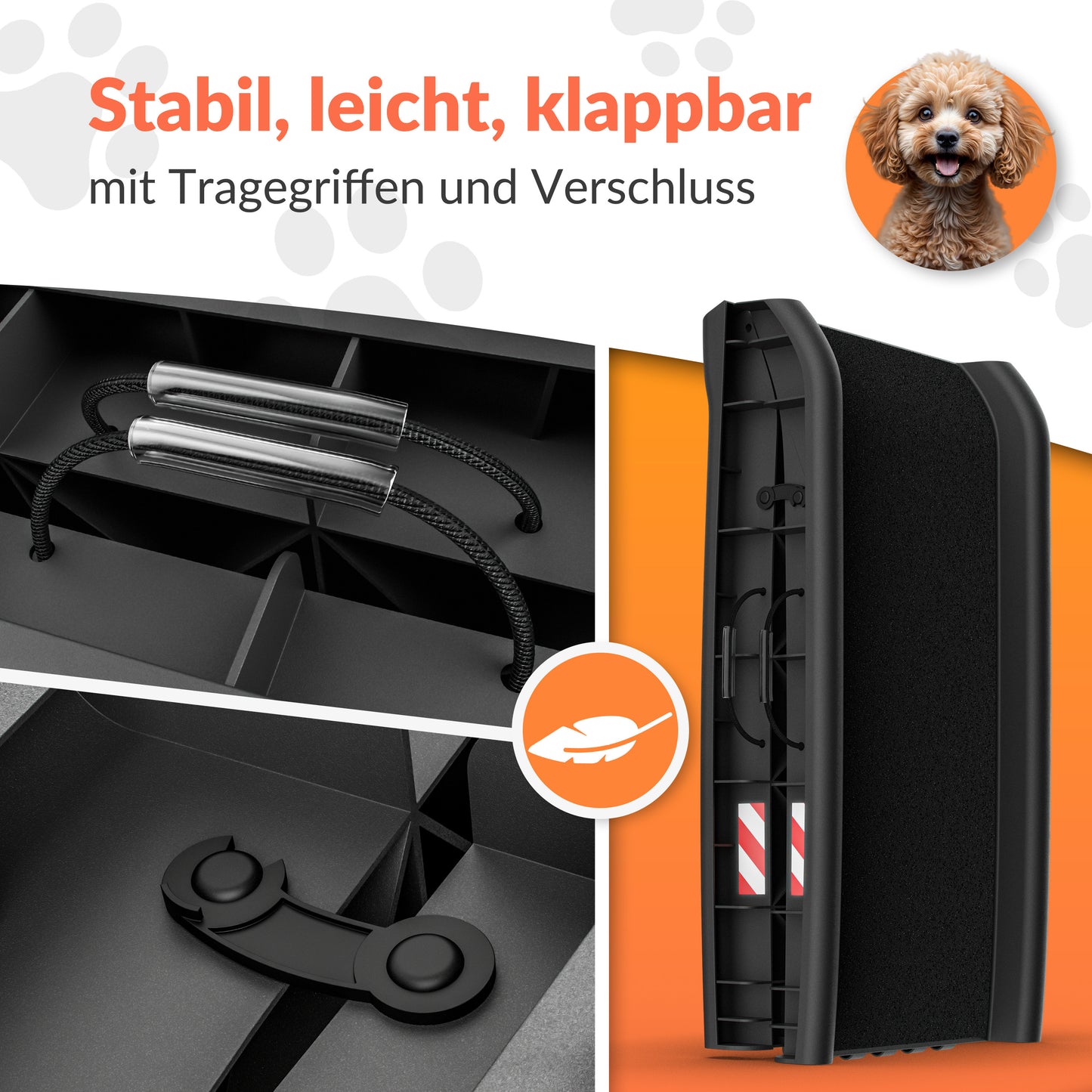 CADOCA® Rampe pour Chien Pliable Auto 90KG Compacte 156X40Cm Poignée de Transport Boucle de Sécurité Réflecteurs Gamelle d'Eau Chien Chat Antidérapant Aide à l'Entrée Facile