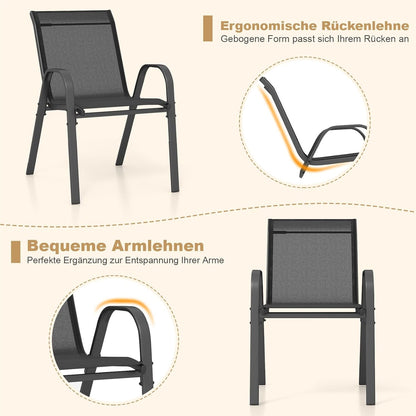Ensemble de 4 chaises de jardin empilables, chaises de patio en textilène et cadre métallique avec accoudoirs, chaises de balcon avec capacité de charge de 150 kg, 56 x 70 x 84 cm (Noir)