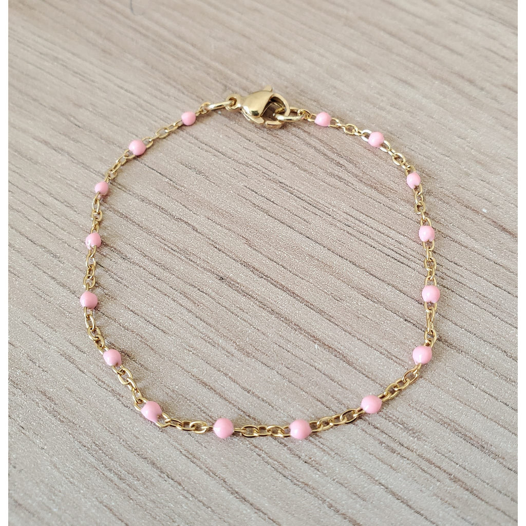 Bracelet perles d'email chaine acier inoxydable couleur or artisanal fait main