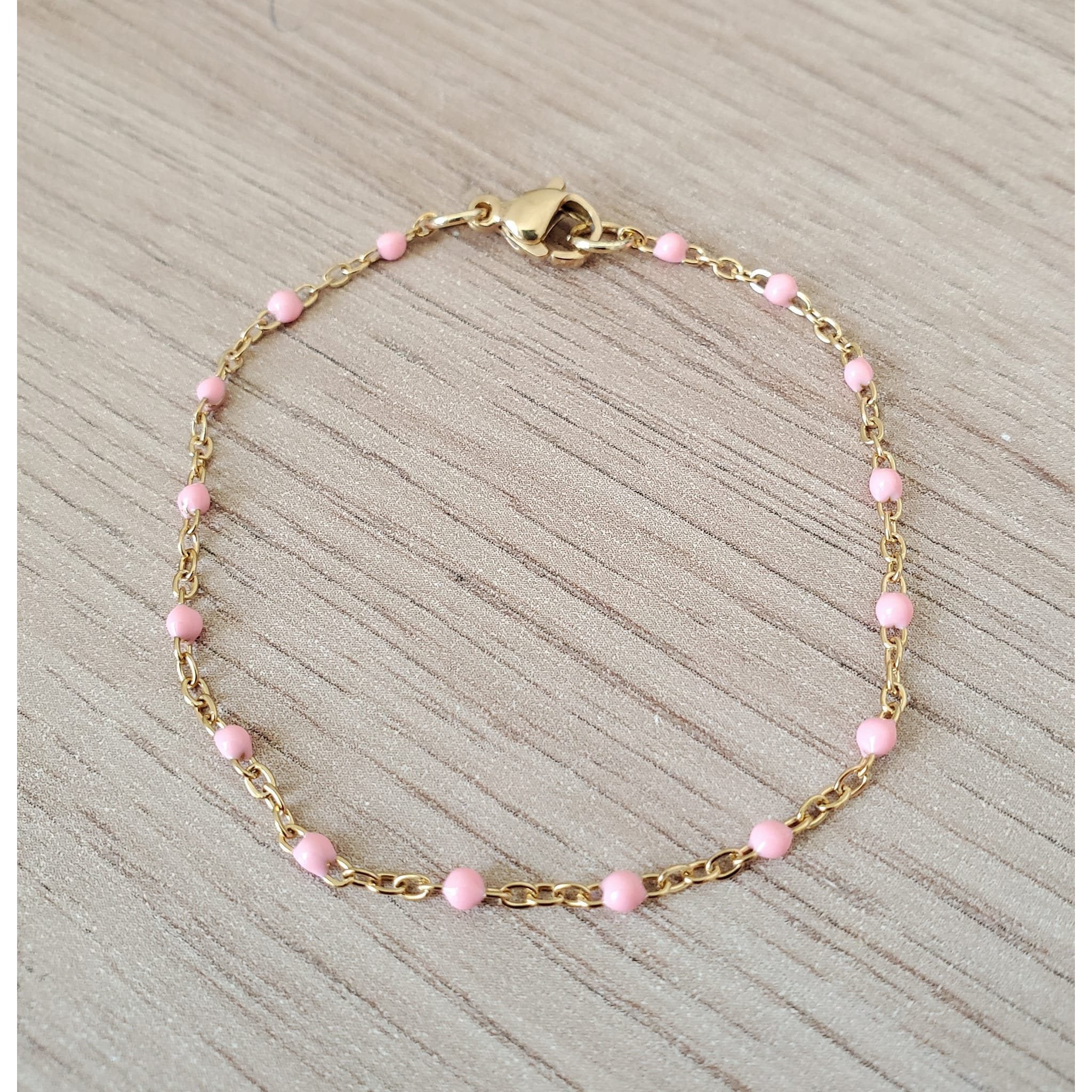 Bracelet perles d'email chaine acier inoxydable couleur or artisanal fait main