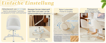 Chaise de bureau ergonomique réglable en hauteur Bonnlo avec base à 5 roues, revêtement en tissu Teddy blanc et cadre en métal - Chaise de bureau inclinable manuelle avec siège rembourré doux pour bureau à domicile, chambre, bureau - Construction robuste
