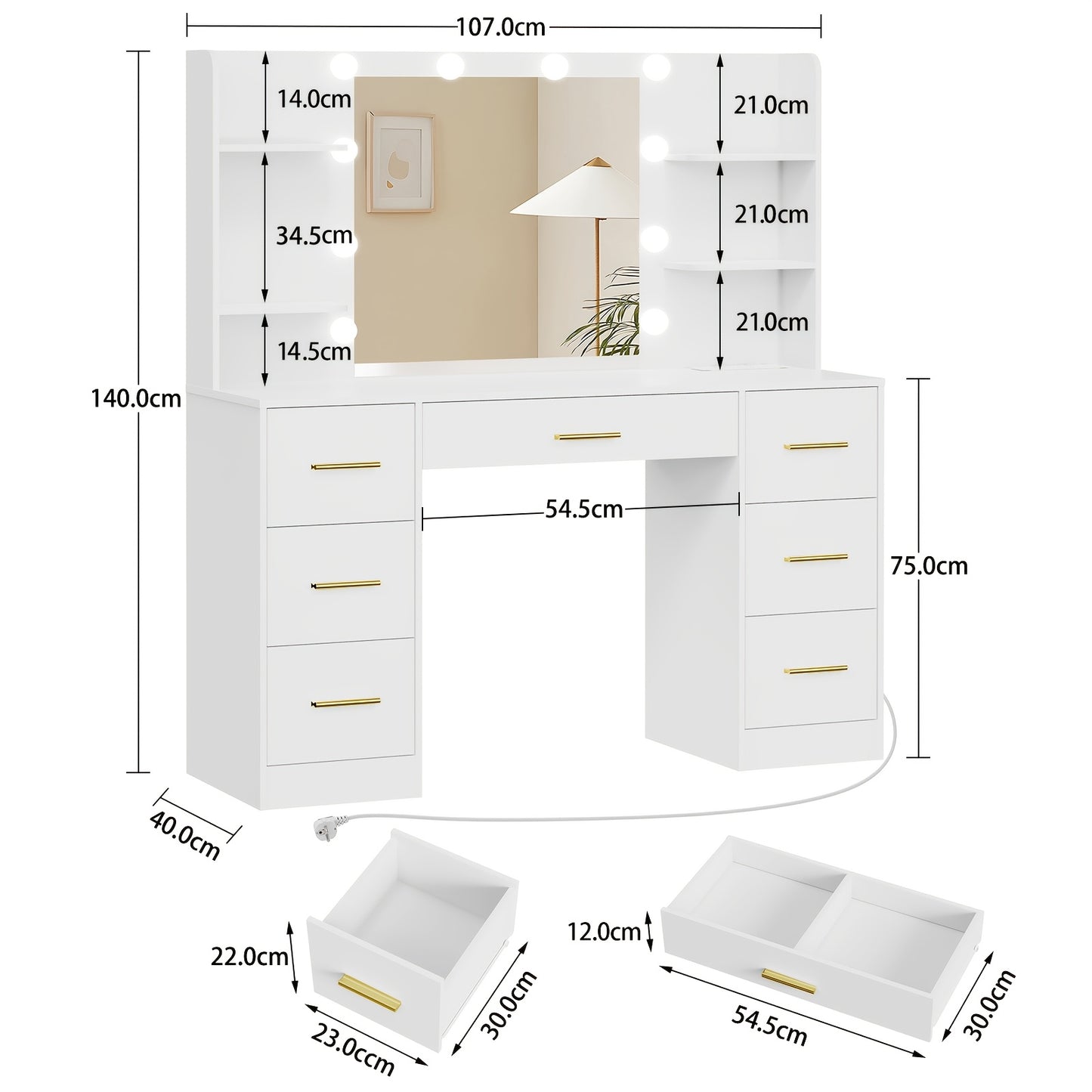 Grande coiffeuse avec miroir lumineux LED et prise électrique, table de Cosmétique avec 7 tiroirs, 4 étagères et 5 crochets, table de toilette, ensemble de coiffeuse pour chambre à coucher, salle de bain
