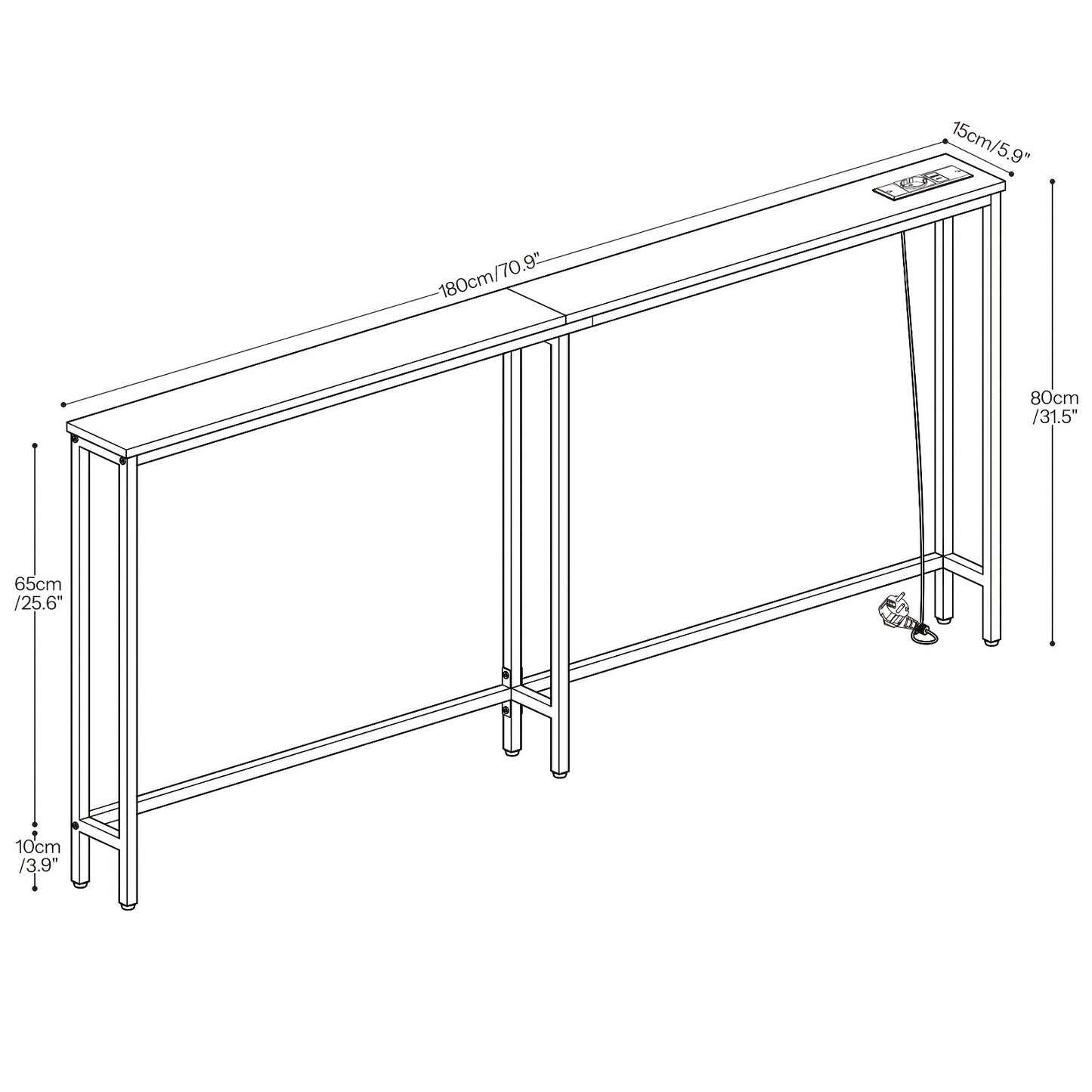 Table Console Etroite avec Multiprise, Table Console avec Station de Charge, Table de Canapé Etroite, Console derrière le Canapé, pour Entrée, Couloir, Marron Rustique et Noir
