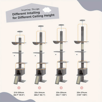 PAWZ Road Arbre à Chat du Sol au Plafond à Hauteur Réglable de 216 cm à 273 cm, Tours pour Chats avec Espace d'Activité Spacieux, Hamac et Cabane pour Chat, Ceinture -Chute, 5 Niveaux