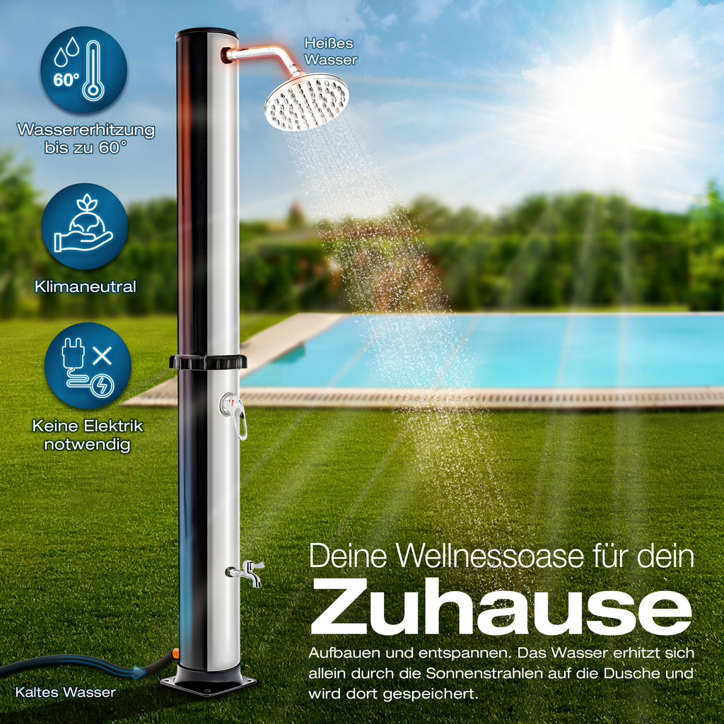 Tillvex® Douche Solaire 20 - 60 Litres Incluant Couvercle Douche Solaire de Jardin pour Piscine Extérieure Ensemble Complet Eau Chaude Camping Sans Connexion Électrique avec Robinet d'Eau Raccord de Tuyau d'Arrosage de Jardin
