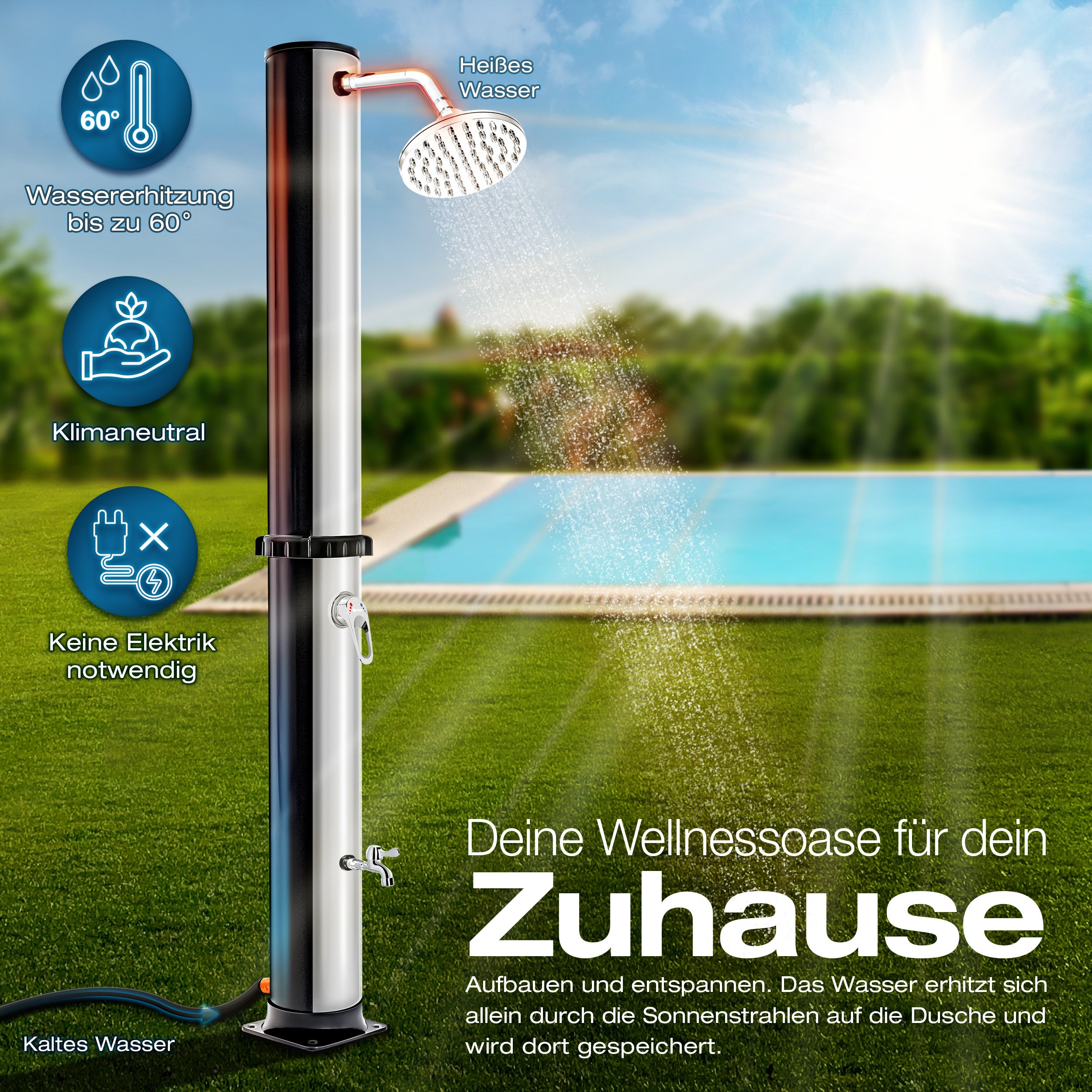 Tillvex® Douche Solaire 20 - 60 Litres Incluant Couvercle Douche Solaire de Jardin pour Piscine Extérieure Ensemble Complet Eau Chaude Camping Sans Connexion Électrique avec Robinet d'Eau Raccord de Tuyau d'Arrosage de Jardin