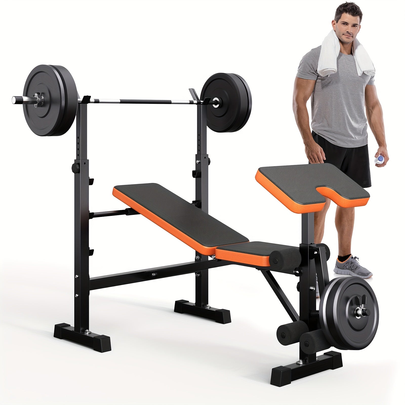 Ensemble de banc de musculation à poids réglable pesant 272.16 KG, comprenant un support de squat, un banc d'entraînement avec développeur de jambes et un preacher curl, conçu pour une utilisation en salle de sport à domicile en noir et orange
