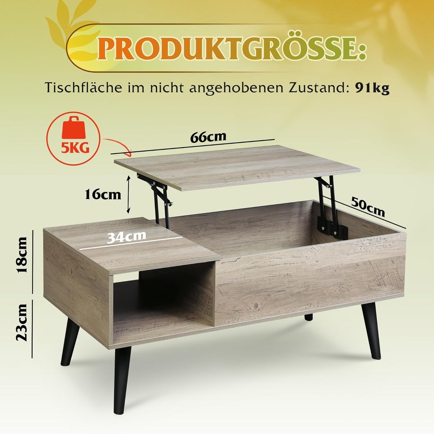 Table Basse Réglable en Hauteur, Extensible, Table de Salon avec Grand Compartiment de Rangement Caché, Plateau de Levage, Table Basse pour Bureau, Table de Canapé