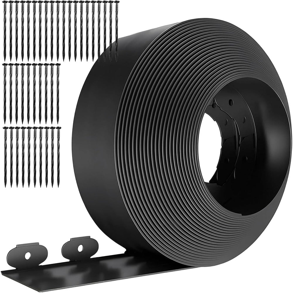 Bordure de pelouse flexible en plastique noir avec ancrages au sol, une bordure de jardin invisible pour pelouses et parterres de fleurs