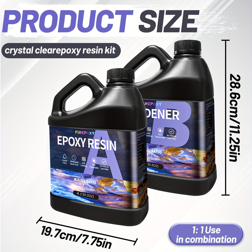 Kit de résine époxy claire FUNEPOXY 8L/4L/2L/1L/500ml, auto-nivelante sans résine avec mélangeur, pour bricolage, revêtement bois, bijouterie, tumblers, bars et revêtement de surface