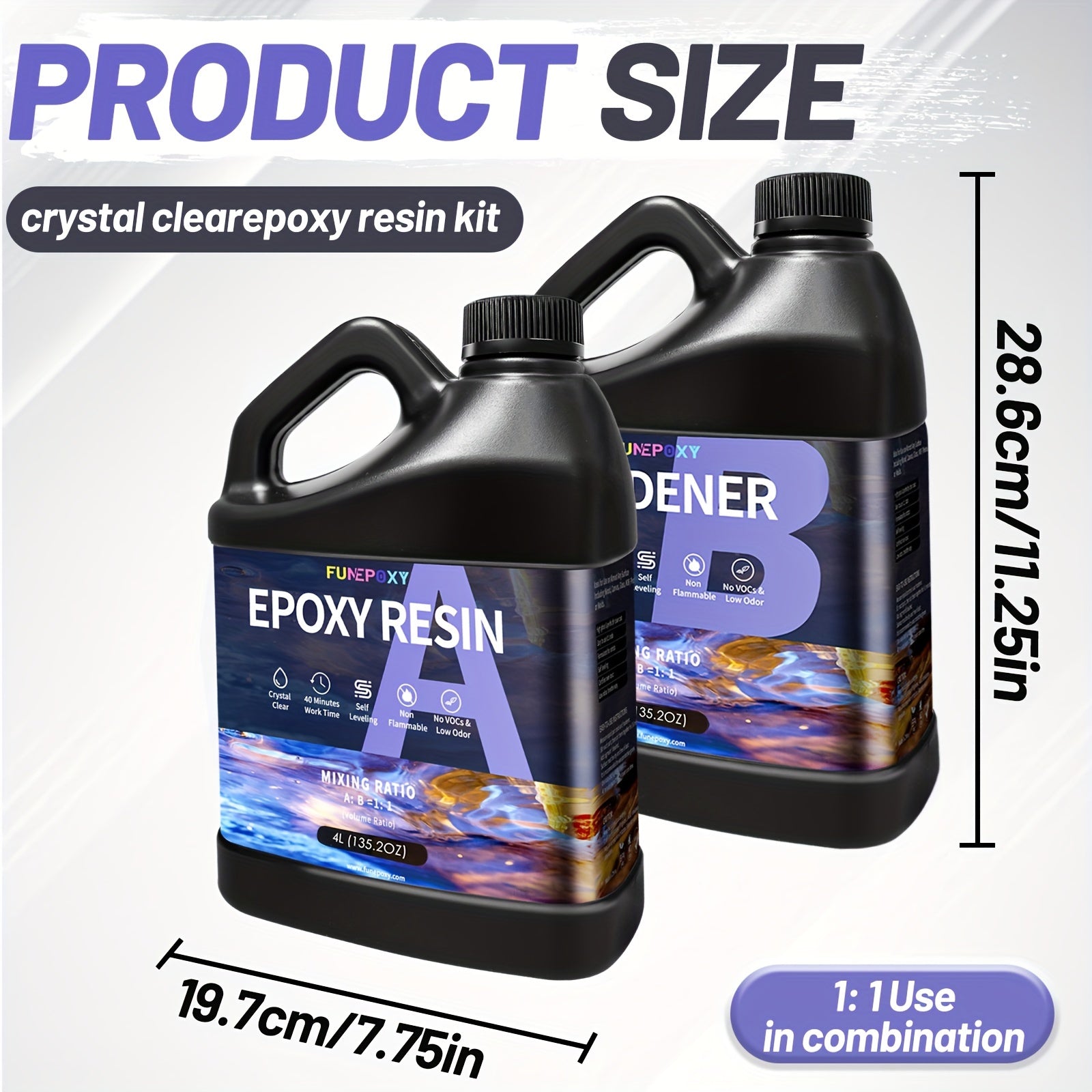 Kit de résine époxy claire FUNEPOXY 8L/4L/2L/1L/500ml, auto-nivelante sans résine avec mélangeur, pour bricolage, revêtement bois, bijouterie, tumblers, bars et revêtement de surface