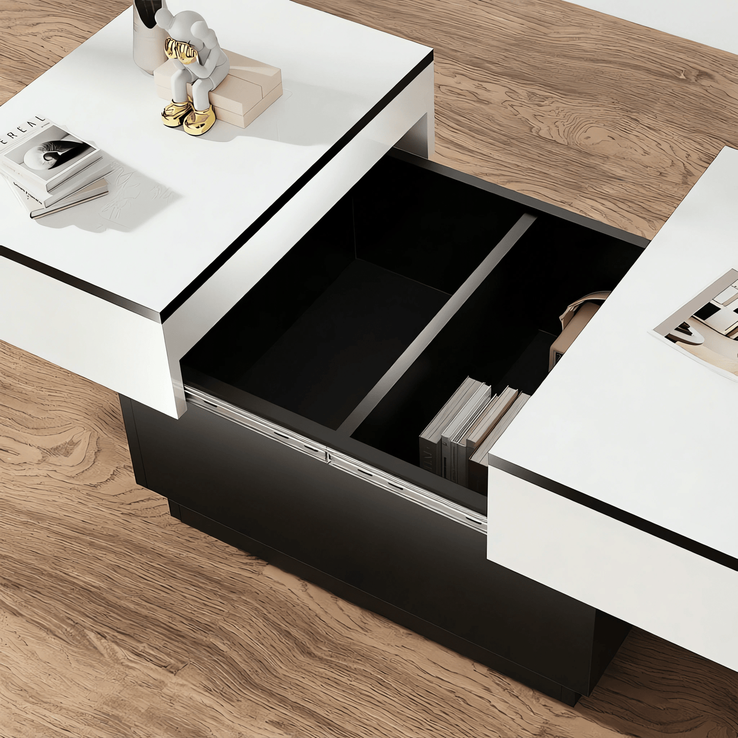 Table basse blanche, table de salon, table d'appoint avec 2 étagères de rangement, 80x58x40 cm, plateau extensible avec bande lumineuse RVB, meuble moderne pour salon, salle de conférence