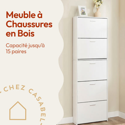 Meuble à chaussures fin avec 5 compartiments à rabat, armoire à chaussures en bois pour jusqu'à 15 paires, organisateur d'entrée peu encombrant