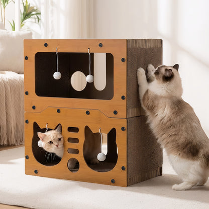 Grande maison pour chat avec poteaux à griffer, panier de transport et griffoir 3-en-1 en carton pour aiguiser les griffes, se cacher et se reposer, pompon intégré pour jouer, construction durable et robuste & facile à assembler, supporte jusqu'à 11 kg, c