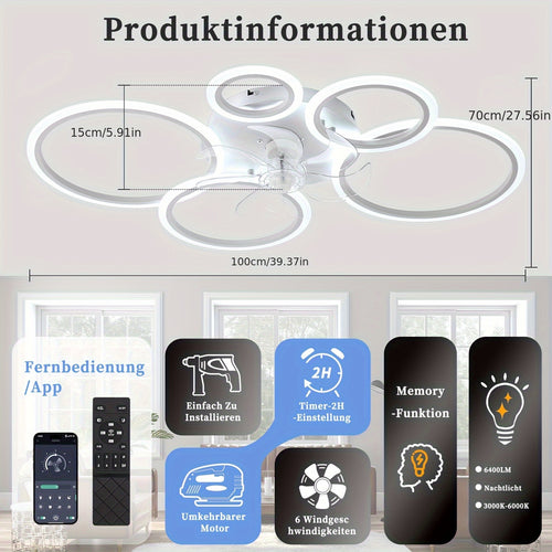 Lampe avec ventilateur moderne LED dimmable, plafonnier avec éclairage silencieux réversible pour salon, télécommande et application, 6 vitesses, minuterie, DC-blanc