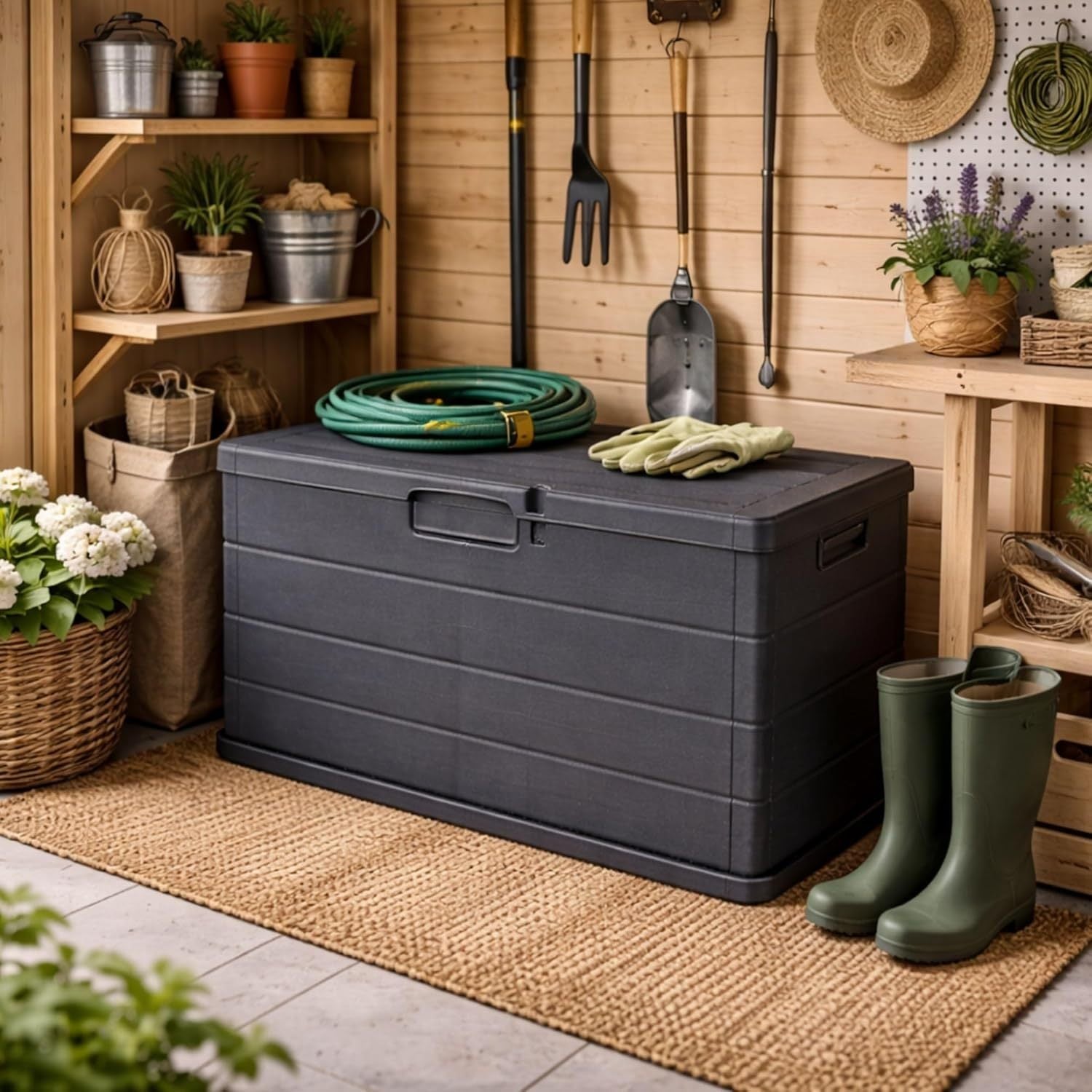 Coffre de jardin Buystar 170L en résine – Imperméable, facile à assembler – Couvercle verrouillable – 78x55x52 cm – Coffre d'extérieur anthracite léger et durable – Organiser, ranger