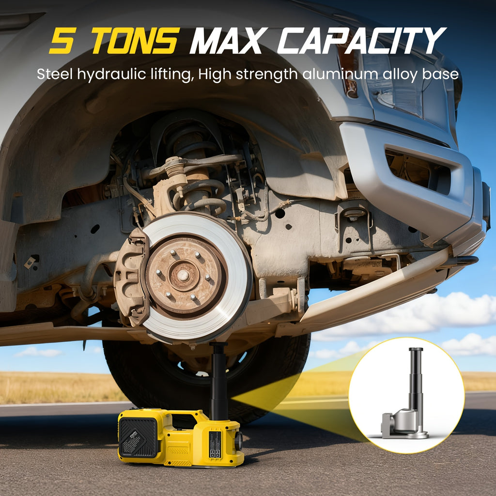 Kit de cric électrique pour voiture, 5 tonnes/4999.95 KG, cric hydraulique 12V avec pompe de gonflage de pneu, kit auto portable pour SUV MPV Berline Camion Changement de pneu Réparation de garage
