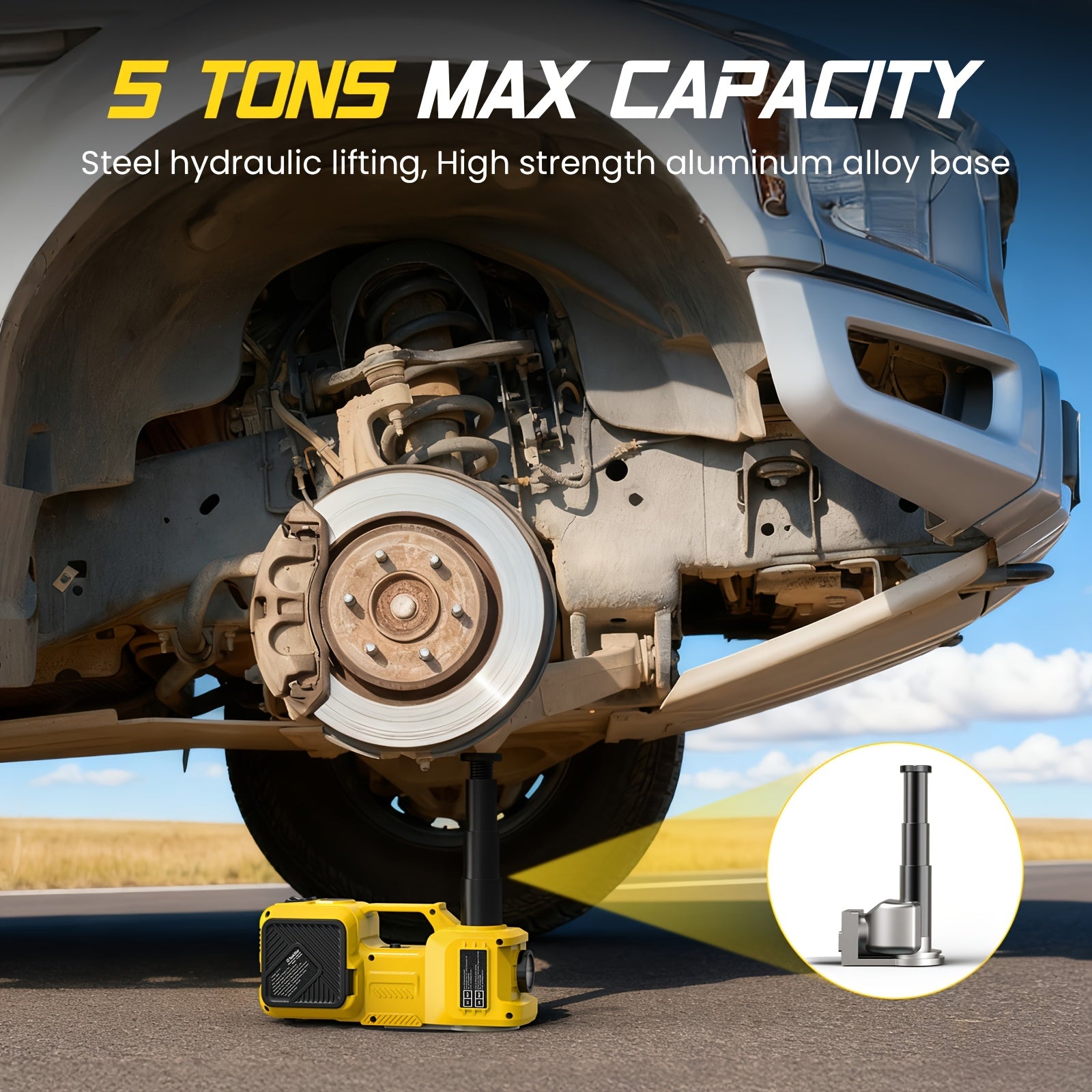 Kit de cric électrique pour voiture, 5 tonnes/4999.95 KG, cric hydraulique 12V avec pompe de gonflage de pneu, kit auto portable pour SUV MPV Berline Camion Changement de pneu Réparation de garage
