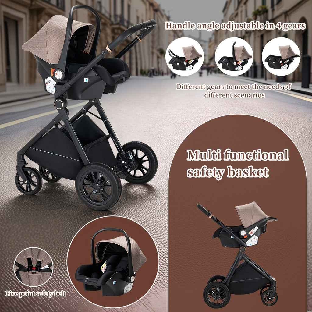 Poussette 3-en-1 Lit Bébé Ensemble Complet Poussette Pliante en Un Clic, Poussette Combi Cadre en Aluminium pour Nouveau-nés