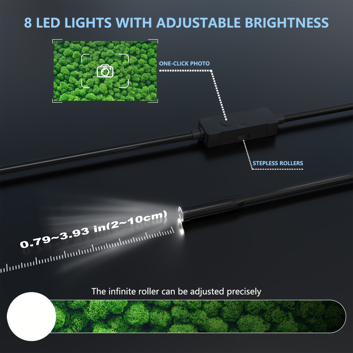 L'endoscope industriel est doté de 8 lumières LED, un outil haute définition pour l'inspection des tuyaux, une classification IP67, et est livré avec des câbles fixes disponibles en longueurs de 1M, 5M ou 10M. Il est compatible avec les smartphones iOS et