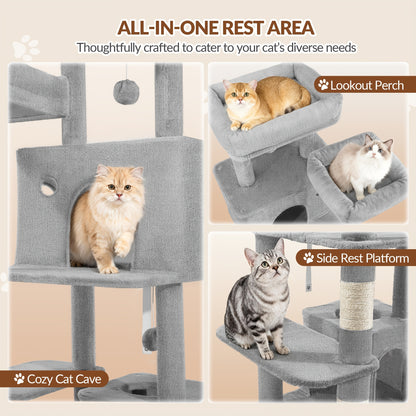 Fobyfurny Arbre à Chat Tour, Arbre à Chat 178cm pour Chats d'Intérieur, Cadre d'Escalade pour Chat Multi-Niveaux avec Griffoirs, Planche à Gratter, 2 Condos Confortables, 2 Perchoirs, Pompons, Place de Repos