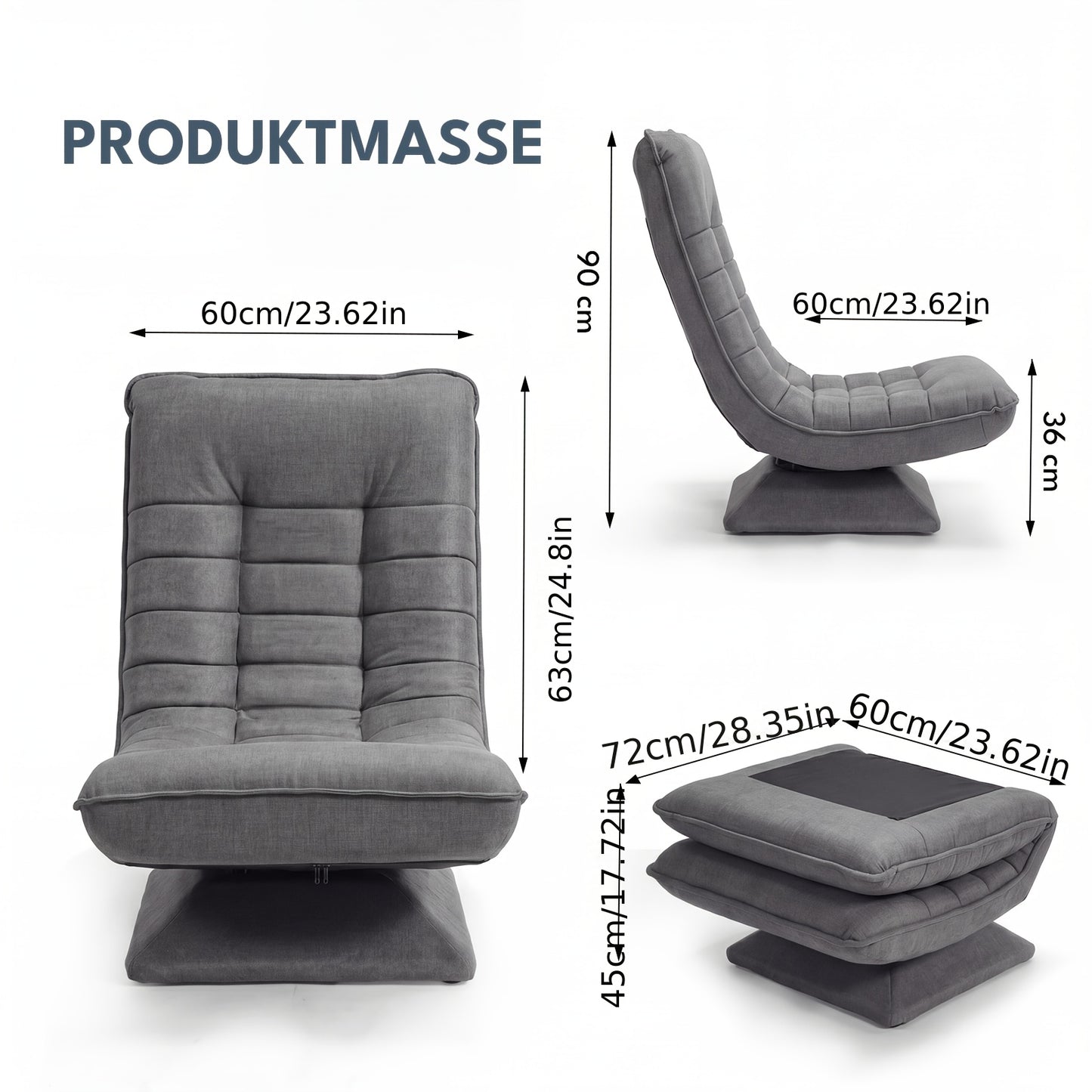 Fauteuil Canapé, Chaise de Sol, Dossier Réglable Rotation 360° Pliable Capacité de Charge 150Kg Design Élégant et Confort Abordable, L'Idéal pour la Décoration Intérieure, Offrant Un Endroit Confortable pour Se Détendre. Noir, Gris