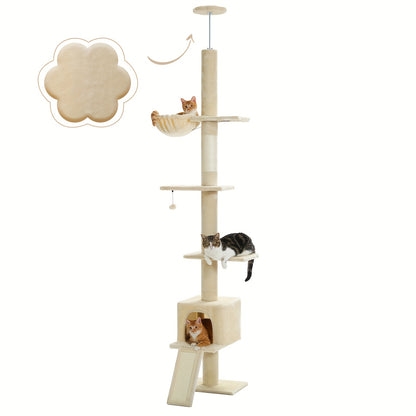 PAWZ Road Arbre à Chat du Sol au Plafond à Hauteur Réglable de 216 cm à 273 cm, Tours pour Chats avec Espace d'Activité Spacieux, Hamac et Cabane pour Chat, Ceinture -Chute, 5 Niveaux