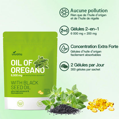 VIVONU Huile d'origan plus huile de graine noire, huile d'origan équilibrée en capsules, gélules d'huile d'origan, carbophénol, thyquinone